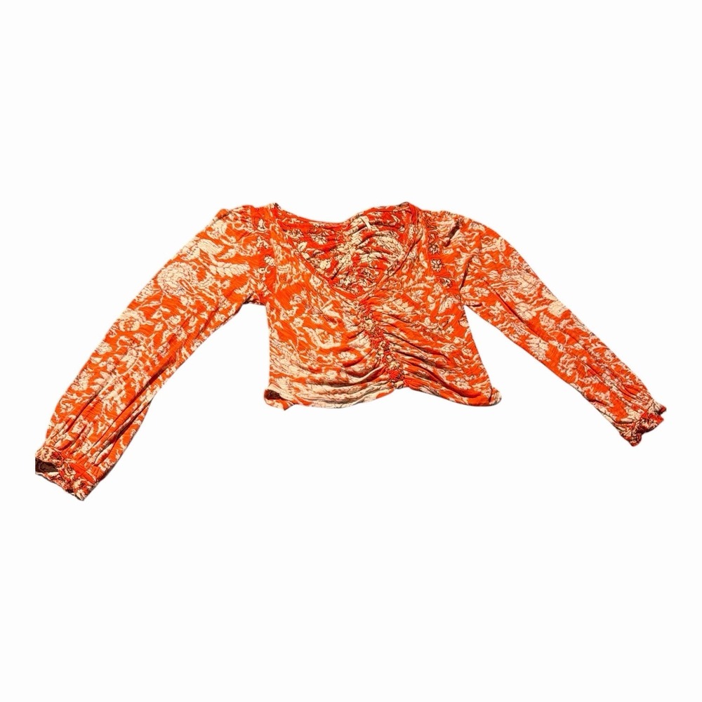 Free People Say The Word Floral Print Ruby Red Ruched Top Long Sleeve Blouse M - Picture 5 of 12